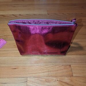 Large Lancome Metallic Pink Cosmetic Makeup Zipper Bag